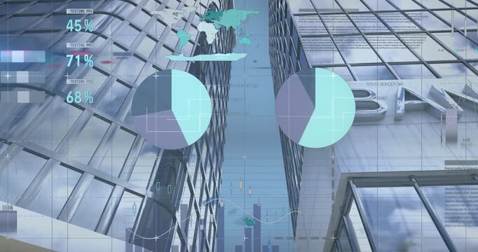 Animation of statistical data processing against low angle view of bank buildings