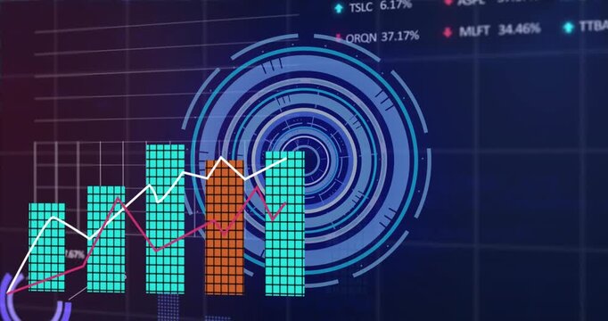 Animation of graphs with changing numbers, trading boars, loading circles and computer language