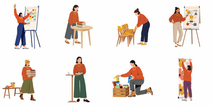Flat illustration set of women preparing for a business event, workshop, or seminar with various organizational tasks and presentation materials.