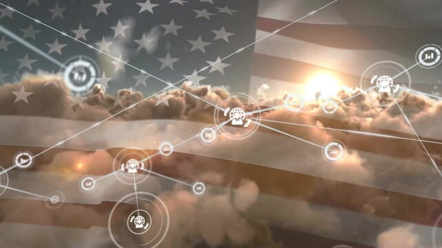 Animation of network of connections with globe icons over flag of usa