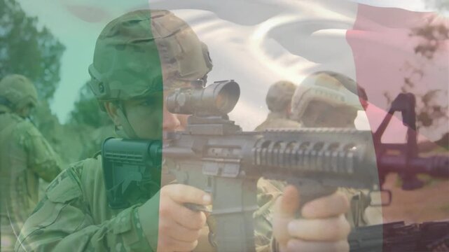 Aiming rifle, soldier in outdoor military training with flag animation overlay