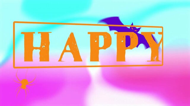 Animation of Halloween-themed text with bat and spider on colorful background