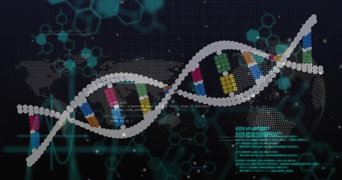 Stylized DNA helix being animated over dark interface, showing colored spheres and code fragments