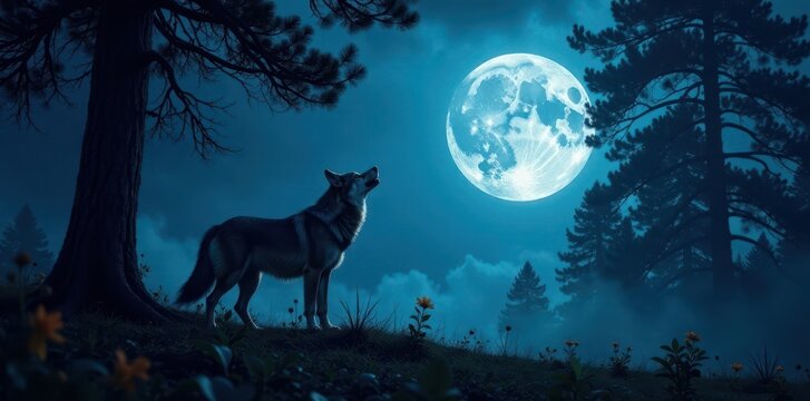 Full moon night forest with a lone wolf howling loudly in the darkness, landscape photography, wildlife photo