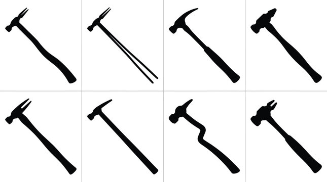 Eight black silhouette icons of hammers with varied handle shapes and head designs on a white background