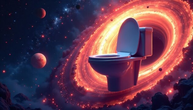 Futuristic high-tech toilet hovering above a swirling black hole with stars and planets in the distance, black hole, astronomy