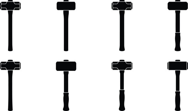 Eight black silhouette icons of sledgehammers in different orientations and handle styles on a white background