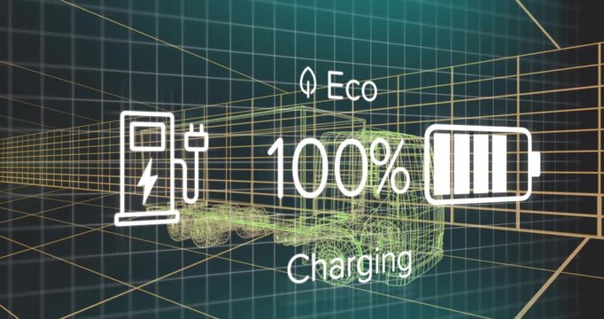 Wireframe semi-truck charging battery within neon 3D grid scene showing electric eco icons