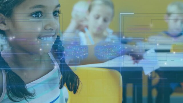 Braided girl writing then passing card to classmate as floating circuits illustrating education