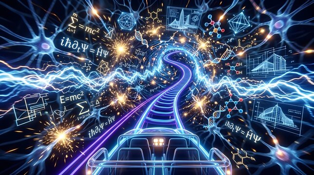 A surreal neon rollercoaster ride through neural networks, surrounded by glowing formulas, DNA strands and futuristic structures, visualizing the inner world of a brilliant scientific or creative mind