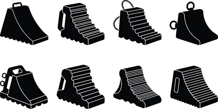 Eight black silhouette icons of wheel chocks with various designs and features on a white background