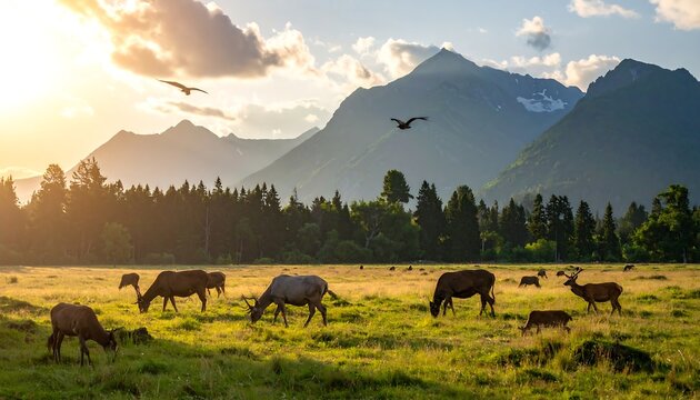 A herd of elk grazes peacefully in a sunlit green meadow with majestic mountains and a golden sky at sunrise or sunset, with birds flying overhead.