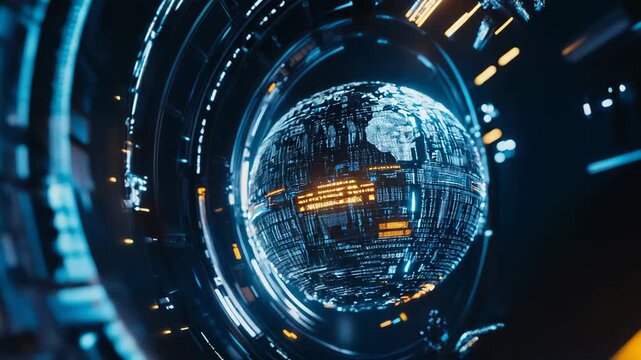 Digital globe with intricate patterns and glowing connections orbits a complex array of mechanical structures, symbolizing global data processing, advanced computing, and cyberspace infrastructure