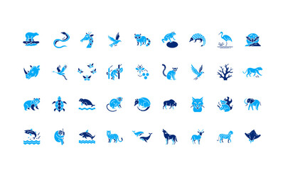 Fototapeta premium endangered vulnerable animals stylized blue glyph style icons