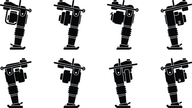 Eight black silhouette illustrations of tamping rammer compactors in various poses and angles soil compactor