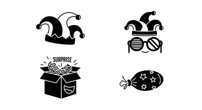 Monochrome icons for celebration jester hat, party glasses, surprise box, confetti popper. Perfect for adding joy, humor, and a playful touch to event designs