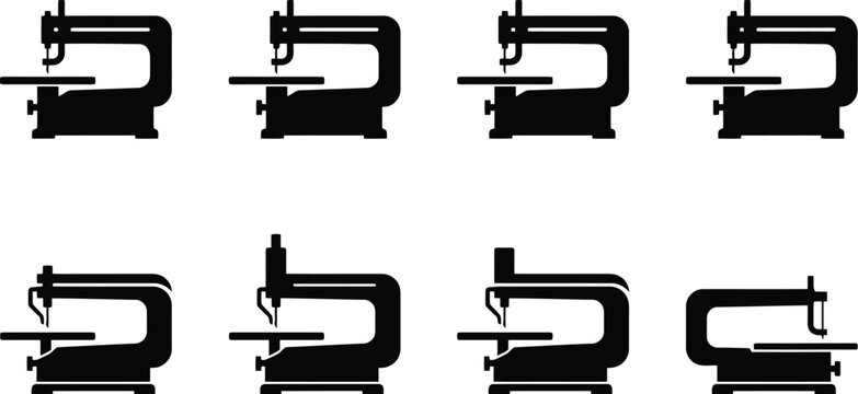 Eight black silhouette sewing machines with variations in arm and base design on a white background craft