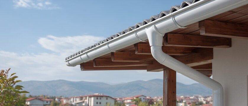 Modern roof gutter and downspout system installed on house with city view in background and an open sky above