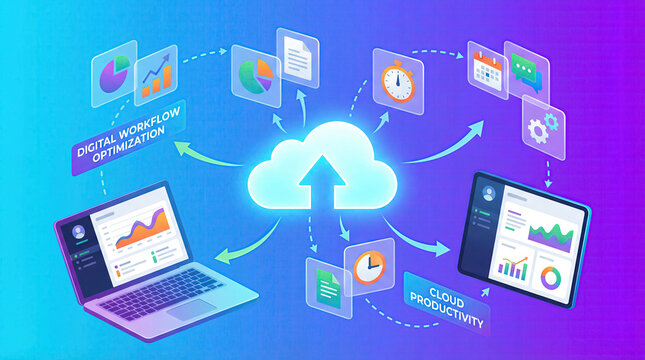 Cloud based productivity tools for efficiency concept. Modern cloud computing concept with data analytics integration.