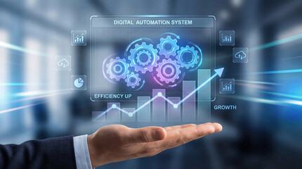 Fototapeta premium Process to increase productivity business digital growth concept. Modern digital automation system for business growth and efficiency.