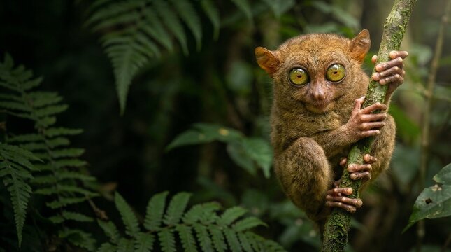 Small nocturnal tarsier with large eyes clinging to a vertical tree branch in a tropical jungle with copy space