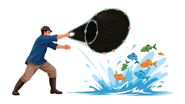 Catching Fish: A man casts a net into the water, aiming to catch a group of fish. It captures the action of fishing and water splash.