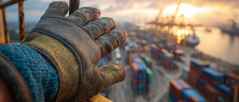 Port worker observes cargo terminal with container ship at dusk for maritime logistics operations