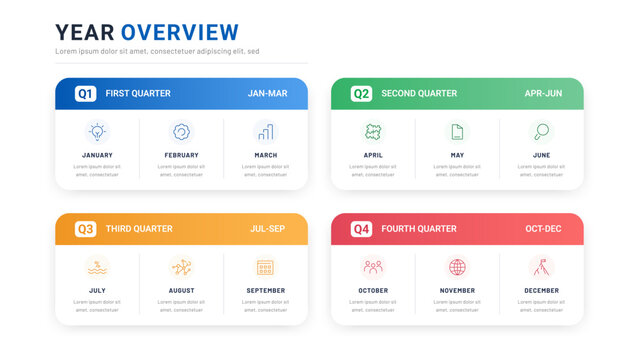 Annual review, quarterly reporting. Infographic from 4 quarters with modern icons for a business presentation or website