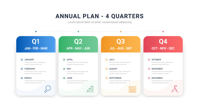 Annual plan. Infographic of 4 quarters with modern icons for a business presentation or website.