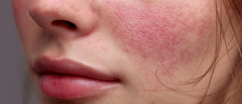 Close up view of red irritated skin on female cheek showing rosacea and visible pores under indoor lighting conditions