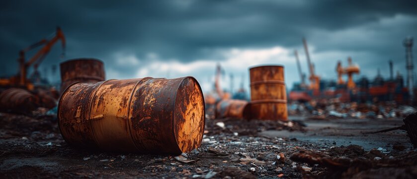 Rusty metal barrels in industrial scrapyard near shipping port with clouds above during day