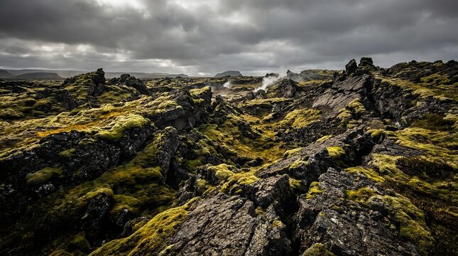 Dramatic Volcanic Landscape with Black Lava Rocks and Vibrant Green Moss Hyper Detailed