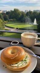 Naklejka premium Elevated morning meal featuring baked dough ring and hot beverage overlooks verdant city park landscape