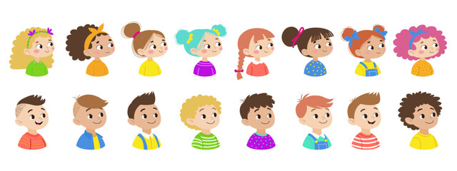 Fototapeta premium Set of 8 girls and 8 boys with different hairstyles. Cute children characters in flat vector style