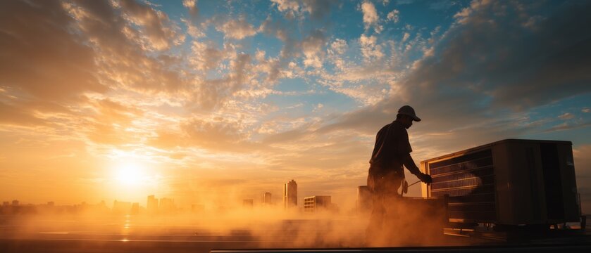Skilled technician works on rooftop HVAC systems during sunset with steam and dramatic sky above the city