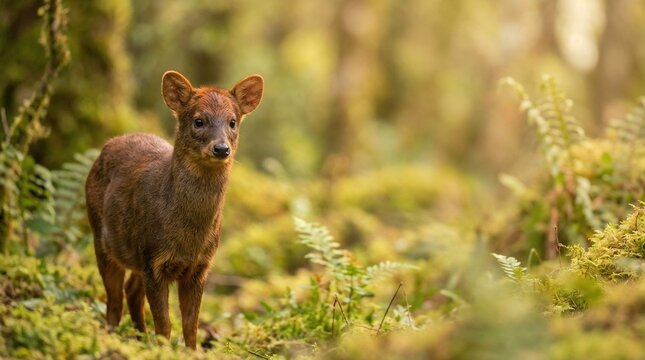 World's smallest deer Southern Pudu standing in a forest clearing with copy space