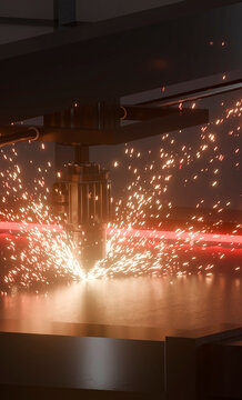 Industrial laser cutting of sheet metal on modern factory equipment, bright sparks, metal production shop, neon. 3D rendering
