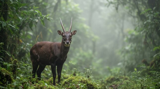Rare Saola (Pseudoryx nghetinhensis) standing in a remote misty rainforest with dramatic copy space