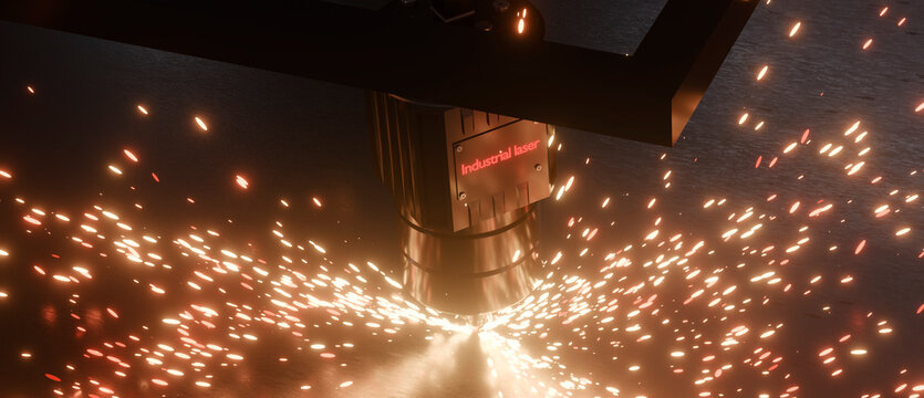 Industrial laser cutting of sheet metal on modern factory equipment, bright sparks, metal production shop, neon. 3D rendering