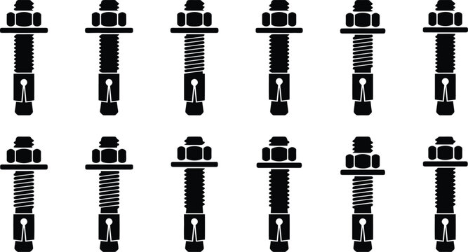 Collection of Black Silhouette Anchor Bolts with Nuts and Washers on White Background Keywords: anchor bolt, nut, washer, fastener, hardware, construction, building, fixing, threaded, metal