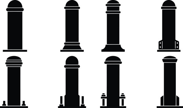 Eight Black Silhouette Icons of Bollards with Different Top and Base Designs Keywords: bollard, post, barrier, traffic control, street furniture, urban design, landscape architecture, security