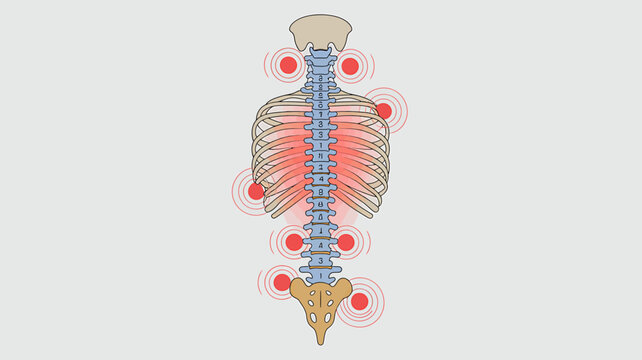 Human spine and ribcage with pain points and red circles indicating muscle strain areas