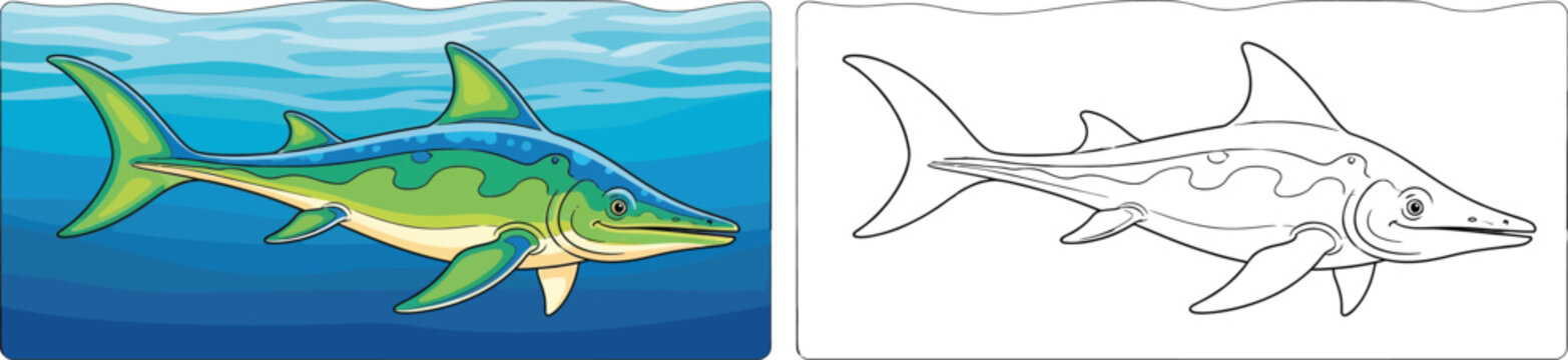 Cartoon Ichthyosaurus Swimming Underwater Detailed Prehistoric Marine Reptile Illustration