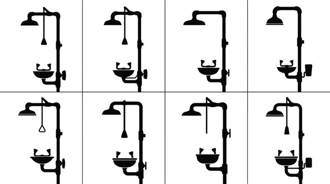 Silhouette Collection of Safety Showers and Eyewash Stations Keywords: safety shower, eyewash station, emergency equipment, industrial safety, laboratory safety, chemical safety, safety equipment