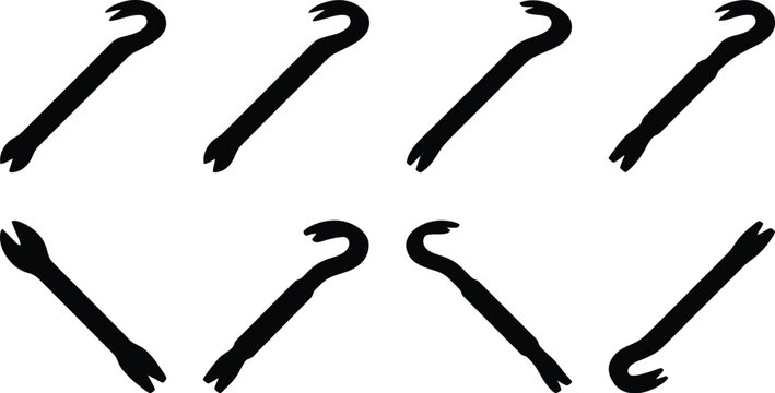 Black Silhouettes of Crowbars in Different Orientations and Angles Keywords: crowbar, pry bar, lever, tool, construction tool, demolition tool, industrial tool, salvage tool, metal tool, hand tool