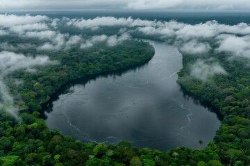 Obraz premium Aerial perspective of a meandering river through lush rainforest with morning mist and hills