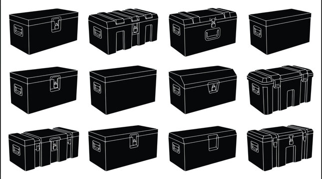 Twelve black and white silhouette icons of various types of storage chests and trunks Keywords: chest, trunk, storage box, container, box, storage, furniture, antique, vintage, travel, luggage