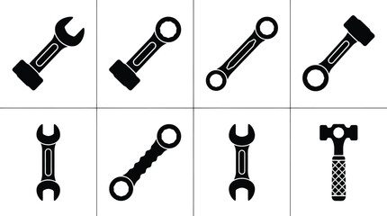 Fototapeta premium Collection of Eight Black Silhouettes of Wrenches and a Hammer on White Background Keywords: wrench, spanner, tool, hardware, mechanical, repair, construction, automotive, engineering, socket