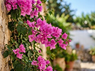Obraz premium Vibrant Pink Bougainvillea Flowers on Mediterranean Wall