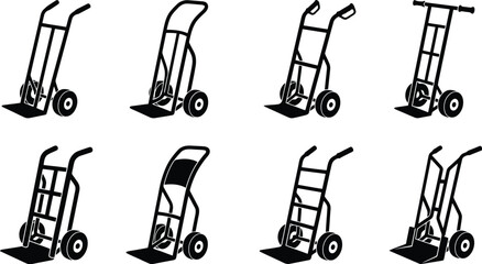 Fototapeta premium Set of Black Silhouette Icons for Hand Trucks and Dollies in Different Configurations dolly trolley
